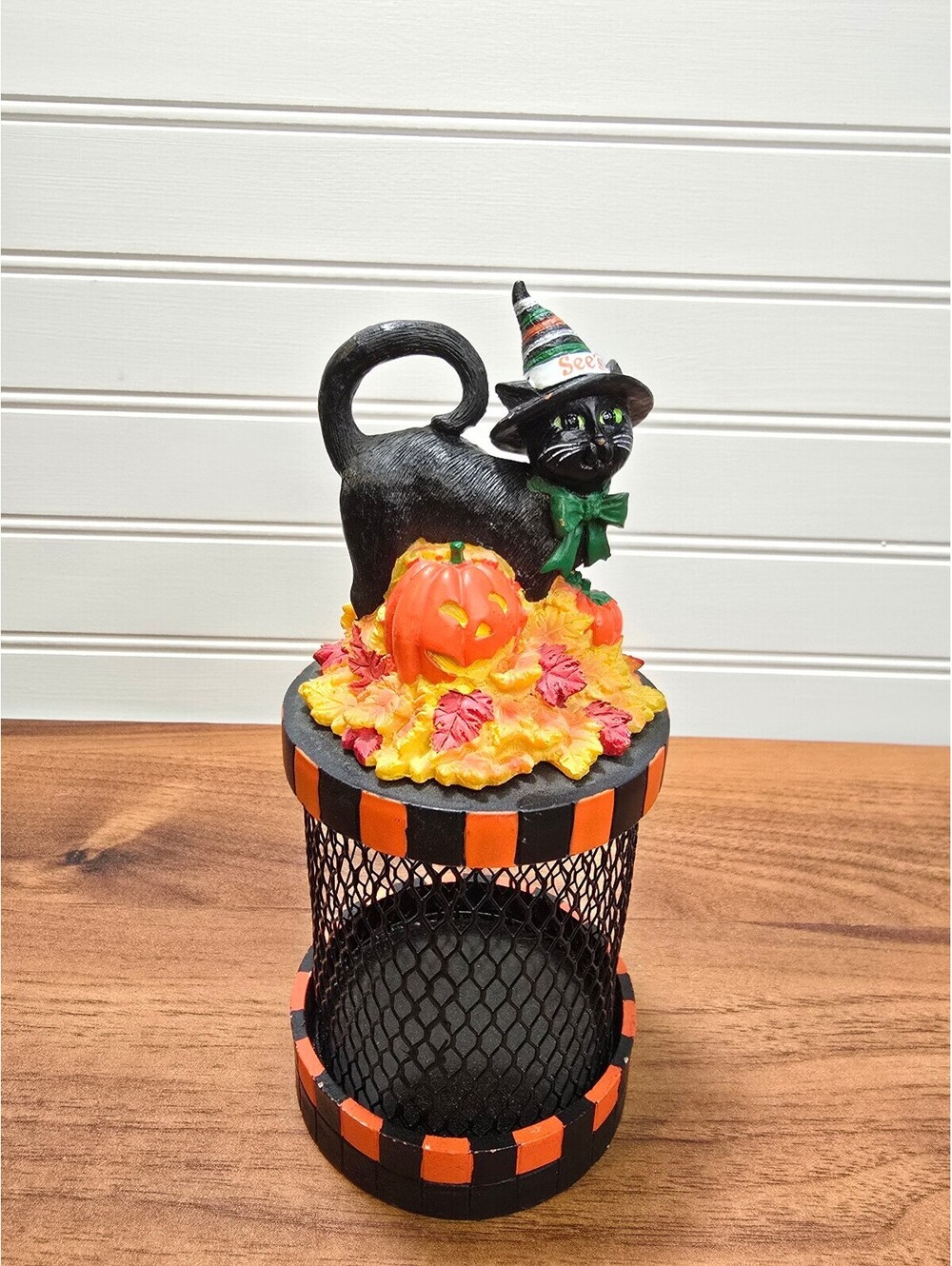 Vintage See's Candies Halloween Black Cat Pumpkin Metal Mesh Candy Jar